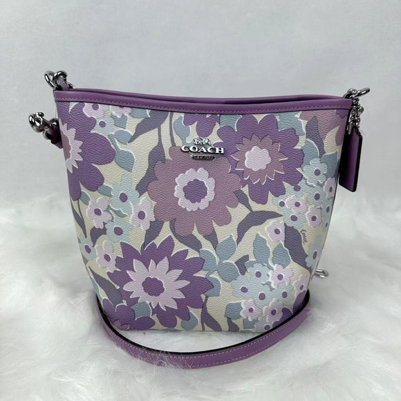 Coach 2 way City Bucket Bag With Floral Print In Canvas Ivory/Purple Multi CBG77 - Picture 1 of 9